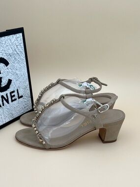 CHANEL Taupe Suede T-Strap Mid-Heel Sandals with Pearl & Bead Trim